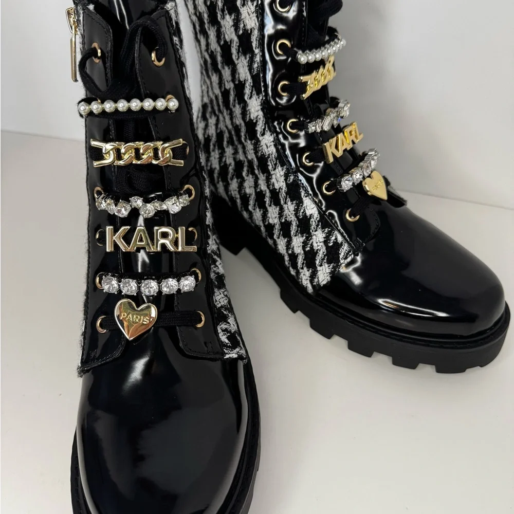New Karl Lagerfeld Mela Tweed Black/White Combat Boots - Picture 3 of 12